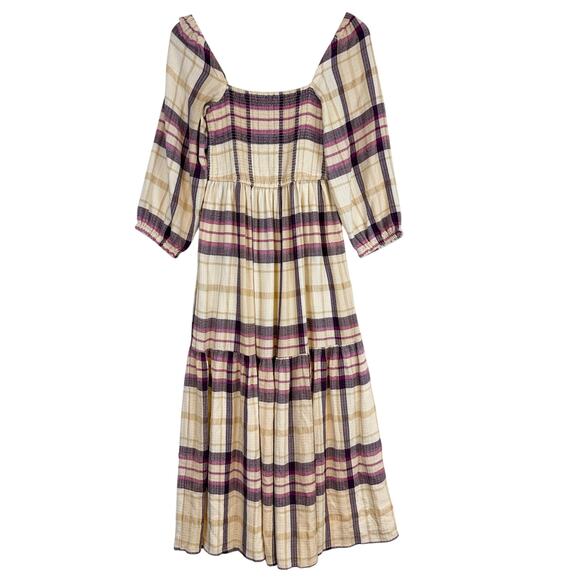 Marine Layer Dresses & Skirts - Marine Layer Ivy Smocked Maxi Long Plaid Dress Beige Purple - XS